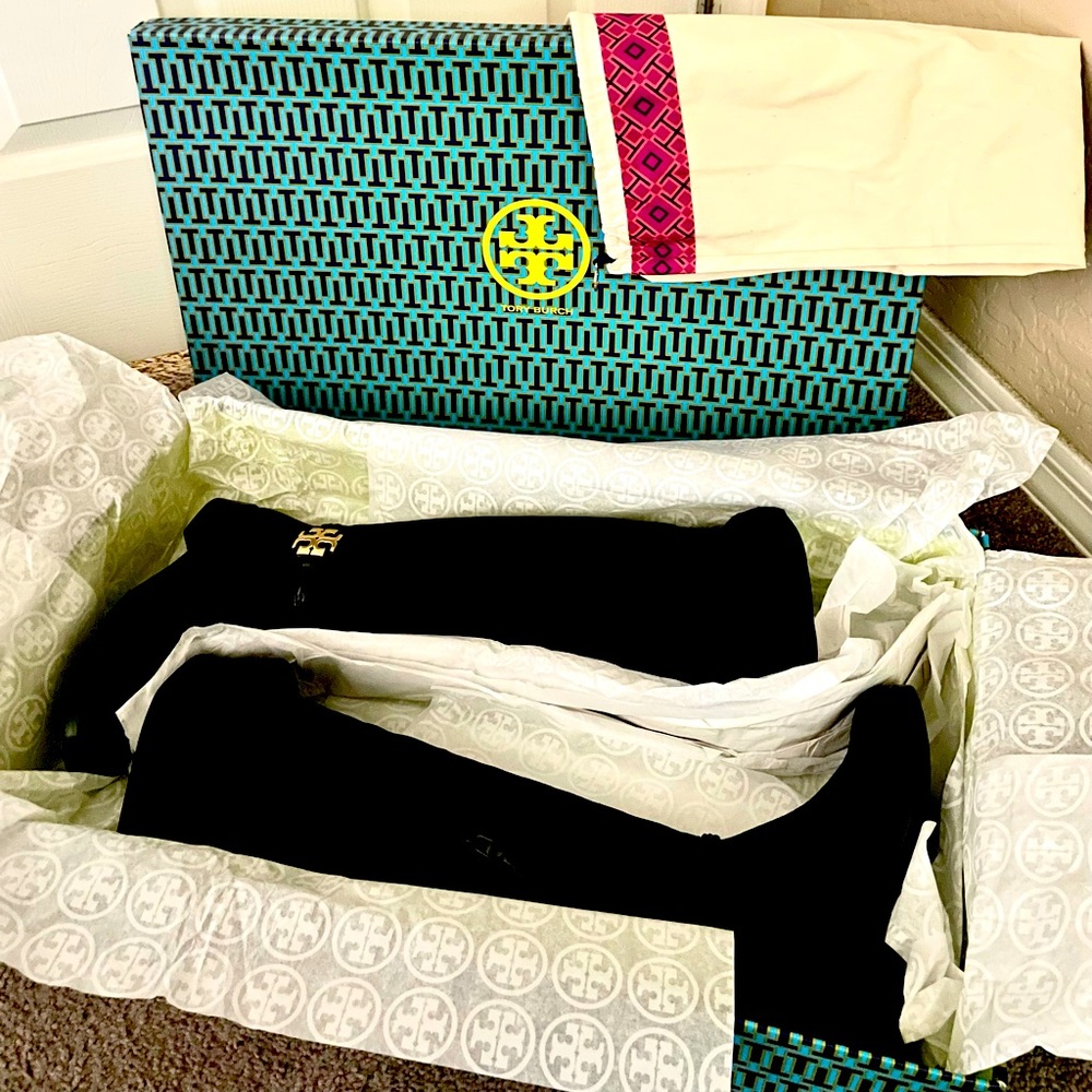 TORY BURCH MILLER BLACK SUEDE OVER THE KNEE BOOTS 5.5 & Dust Bag NEW - Picture 4 of 11